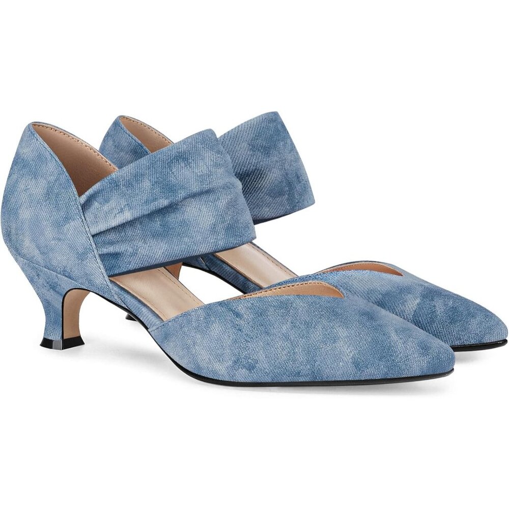 Women's Jean Blue Low Kitten Heel Dress Shoes Pointed Toe Slip On Ankle Strap